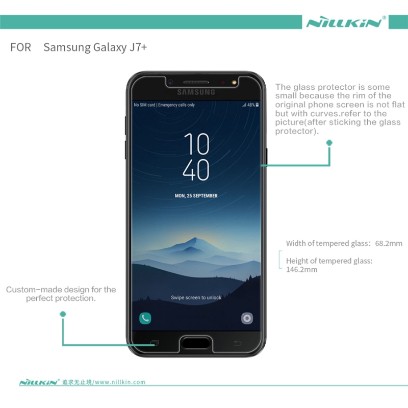 Miếng Dán Kính Cường Lực Samsung J7 Plus Hiệu Nillkin 9H+ Pro có khả năng chống dầu, hạn chế bám vân tay, chống va đập cực tốt không làm mờ hiện thị của màn hình.